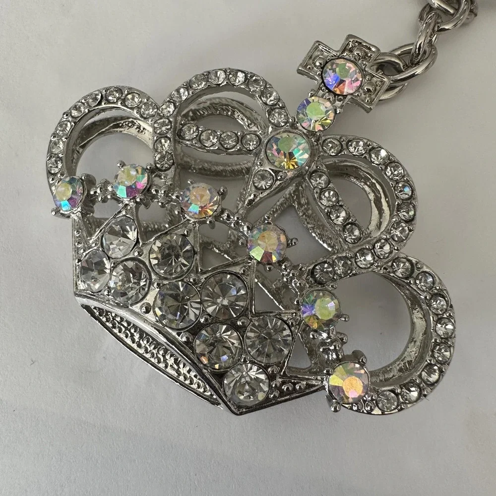 VTG Y2K‎ Silver Tone Crystal Crown Keychain Purse Bag Charm Clip Rhinestone Gem